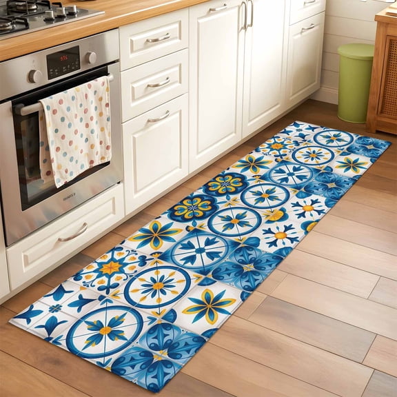Blue Retro Boho Runner Rug for Hallway 2x6ft, Geometric Floral Traditional Spanish Style Non Slip Floor Mat Washable Low-Profile Indoor Carpet for Living Room, Bedroom, Dining Room