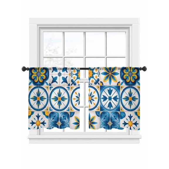 Blue Retro Boho Sheer Curtains 2 Panels Set Geometric Floral Traditional Spanish Style Sheer Window Curtains Light Filtering Rod Pocket Voile Drapes for Bedroom Living Room 52"x54"