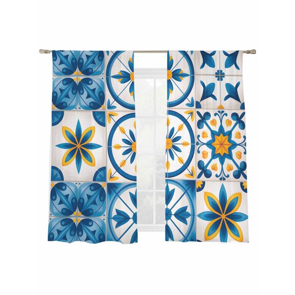 Blue Retro Boho Sheer Curtains 2 Panels Set Geometric Floral Traditional Spanish Style Sheer Window Curtains Light Filtering Rod Pocket Voile Drapes for Bedroom Living Room 52"X72"