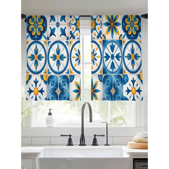 Blue Retro Boho Sheer Curtains 45 inches Long, Geometric Floral Traditional Spanish Style Light Filtering Sheer Window Curtains Rod Pocket Voile Drapes for Bedroom Living Room, 2 Panels