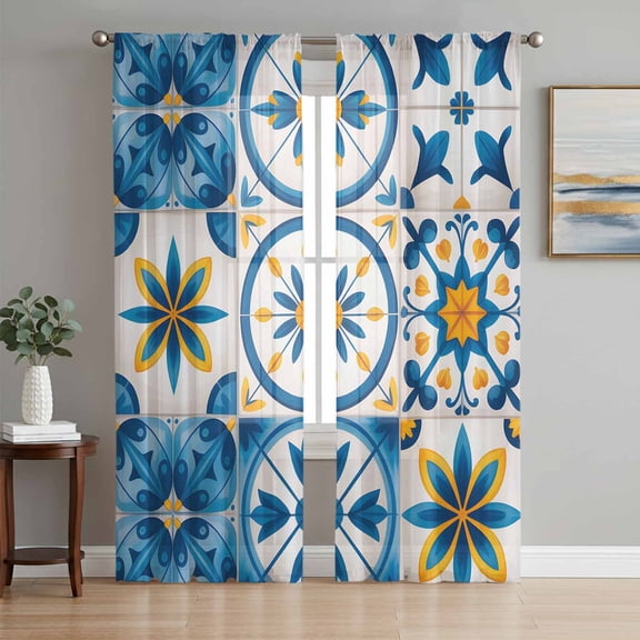 Blue Retro Boho Sheer Curtains for Living Room Bedroom, Geometric Floral Traditional Spanish Style Light Filtering Sheer Curtain Rod Pocket Voile Window Treaments Drapes, 52 x 108 Inches