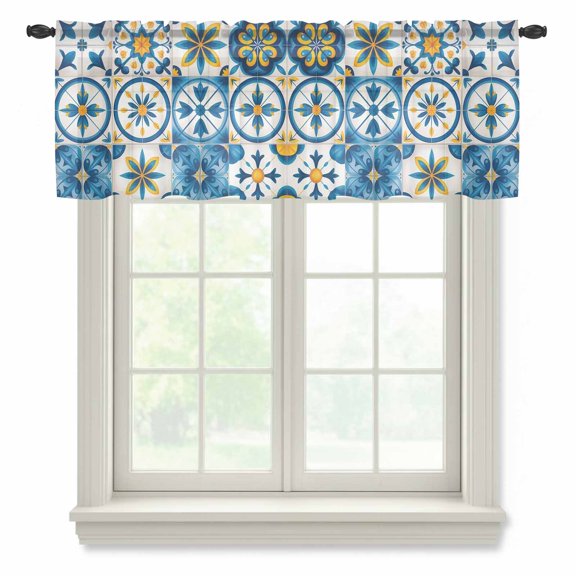 Blue Retro Boho Sheer Valances for Windows, Geometric Floral Traditional Spanish Style Semi Sheer Kitchen Valance Rod Pocket Small Voile Window Curtains for Living Room Bedroom 42 x 18 Inch