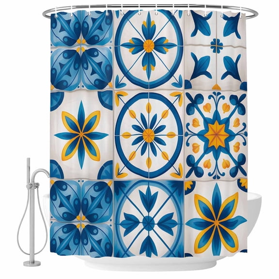 Blue Retro Boho Shower Curtain for Bathroom, Geometric Floral Traditional Spanish Style Waterproof Cloth Fabric Bathroom Accessories Set with 9 Rust Proof Plastic Hooks, 36"x72"