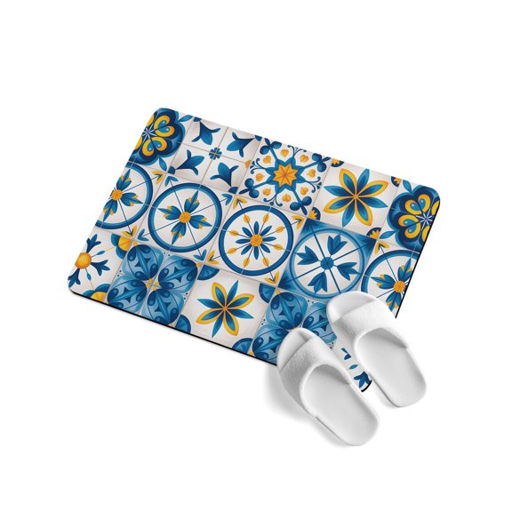 Blue Retro Boho Soft Diatomaceous Earth Mat, Geometric Floral Traditional Spanish Style Absorbent Bath Mat Non Slip Rubber Backed Quick Dry Doormat Fit Under Door for Bathroom Kitchen 24"x36"