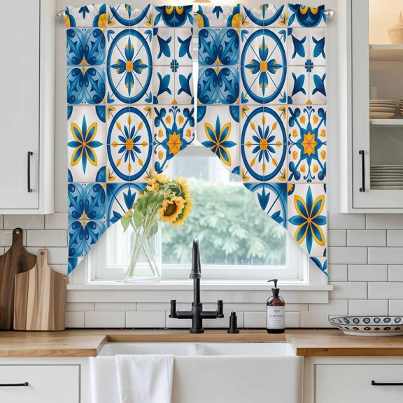 Blue Retro Boho Swag Curtain Valance for Windows, Geometric Floral Traditional Spanish Style Window Treatments Short Swag Topper for Kitchen Windows Bathroom Bedroom, 36"x36"