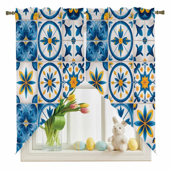 Blue Retro Boho Swag Kitchen Curtain Valances, Geometric Floral Traditional Spanish Style Rod Pocket Curtains Window Treatment Decor Valances for Bedroom Bathroom, 2 Panels 36 x 36 Inch