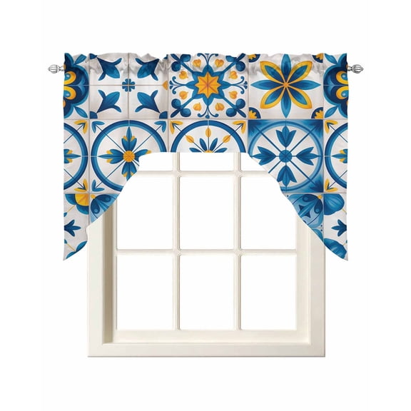 Blue Retro Boho Swag Valances for Windows 56 x 36 Rod Pocket Light Filtering Window Topper Geometric Floral Traditional Spanish Style for Kitchen Bathroom Bedroom Living Room