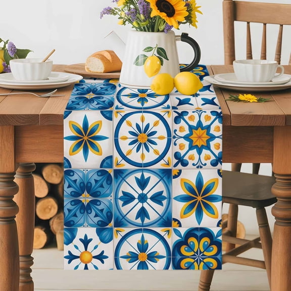 Blue Retro Boho Table Runner 18x72 Inch Geometric Floral Traditional Spanish Style Cotton Linen Dining Table Runner Ideal for Dresser Kitchen Coffee Tables - Machine Washable