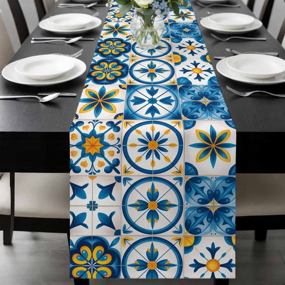 Blue Retro Boho Table Runner, Geometric Floral Traditional Spanish Style Washable Cotton-linen Table Runners Dining Kitchen Decoration for Everyday Home Wedding Party Decor, 13 x 36 Inch