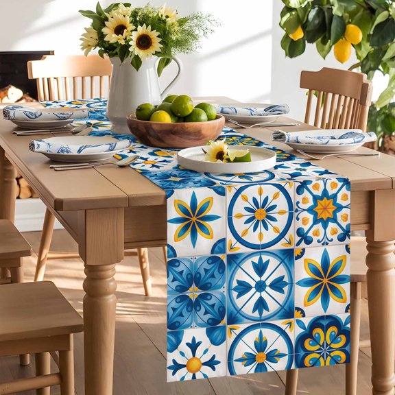 Blue Retro Boho Table Runner, Geometric Floral Traditional Spanish Style Washable Kitchen Table Runners Dress Scarves for Dining Table Decorations Party/Restaurant/Indoor Outdoor Use, 13x72in