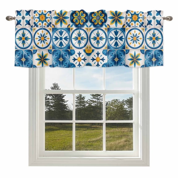 Blue Retro Boho Valances for Windows, 42x18in, Geometric Floral Traditional Spanish Style Rod Pocket Kitchen Valance Curtain Light Filtering Window Treatments for Living Room Bedroom
