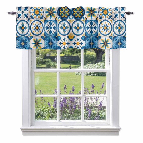 Blue Retro Boho Valances for Windows Geometric Floral Traditional Spanish Style Rod Pocket Cafe Window Treatments Valance Curtains for Kitchen Bathroom Laundry Basement Windows 60"x14"