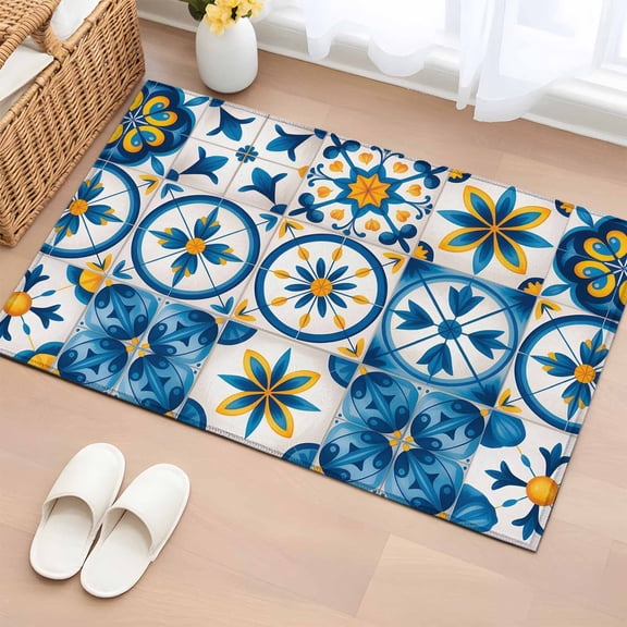 Blue Retro Boho Washable Area Rug 2 x 3 ft Geometric Floral Traditional Spanish Style, Soft Non Slip Rugs Stain Repellent Indoor Felt Carpet for Living Dining Room Bedroom Home Office