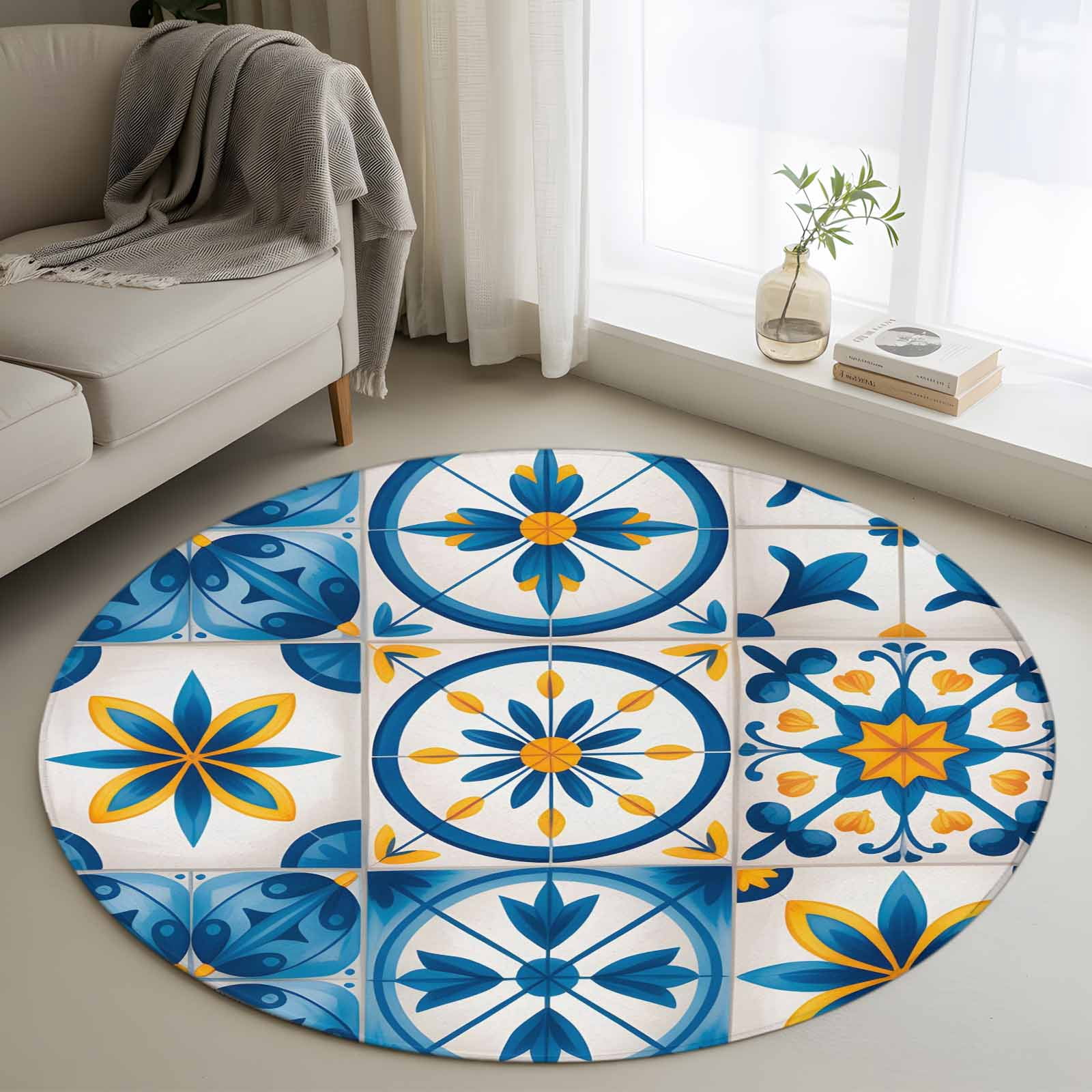 Blue Retro Boho Washable Round Area Rug 4 ft, Geometric Floral ...