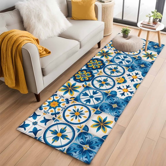 Blue Retro Boho Washable Runner Rugs 2'x6', Geometric Floral Traditional Spanish Style Low Pile Throw Entryway Rug Non-Slip Sturdy Edge Binding Carpet for Indoor Bedside Entrance Bedside
