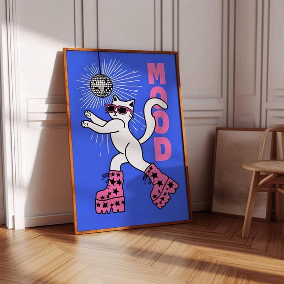 Blue Retro Cat Wall Art Cat Dancing In The Disco Print