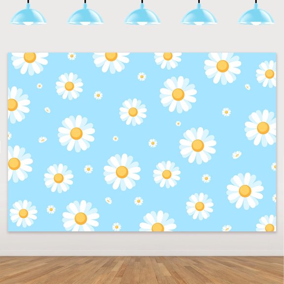 Blue Retro Daisy Backdrop Hippie Boho Party Decorations White Floral Blue Photo Background Cake Table Banner for Boys Groovy Baby Shower Birthday Party Decor Supplies Photoshoot Studio Props 5x3ft
