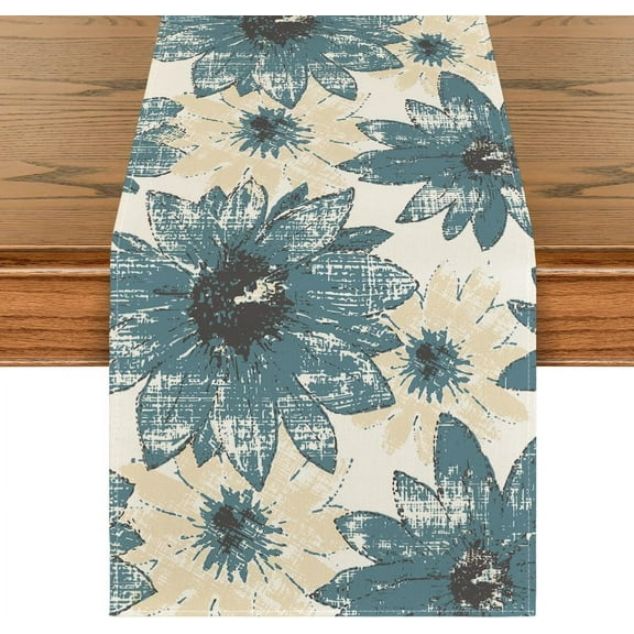 Blue Retro Daisy Spring Table Runner, Seasonal Summer Vintage Kitchen Dining Table Decoration for Home Party Decor 13x36 Inch