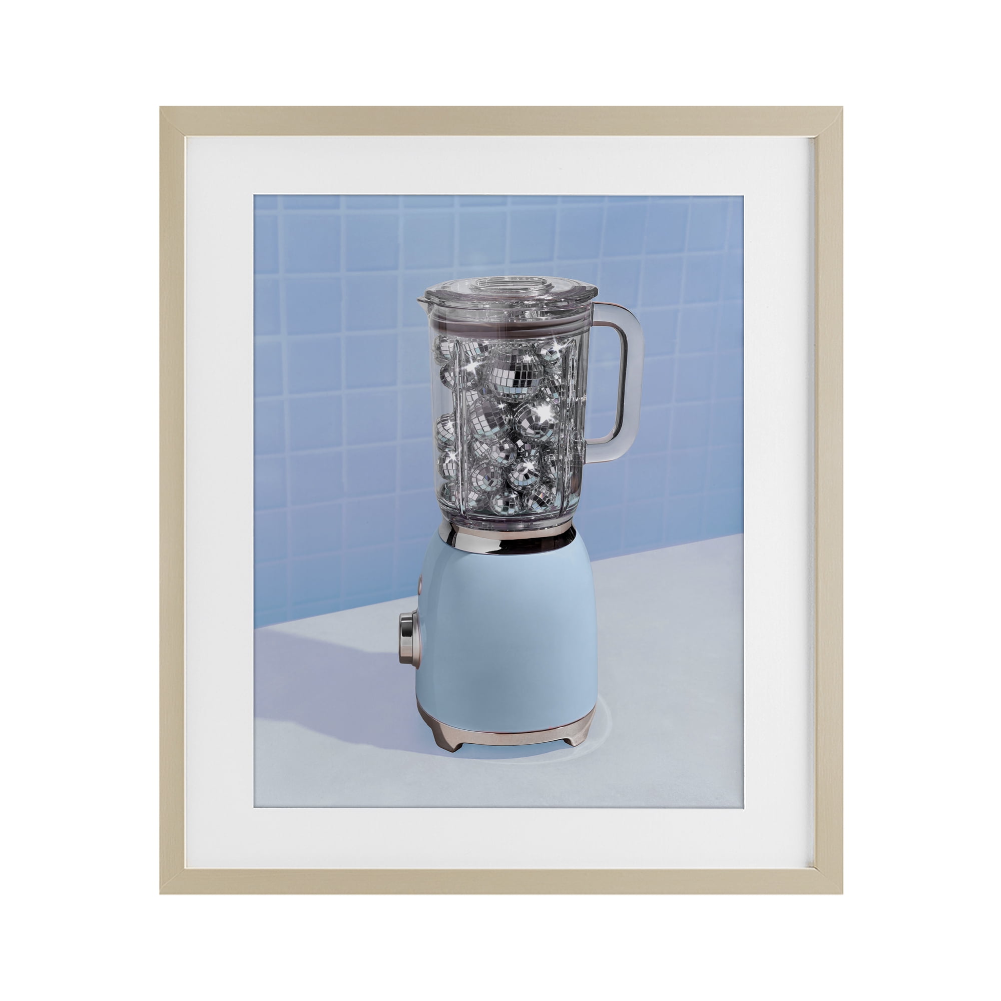Blue Retro Disco Blender Birch Framed Print Under Glass, design by LISH Creative
