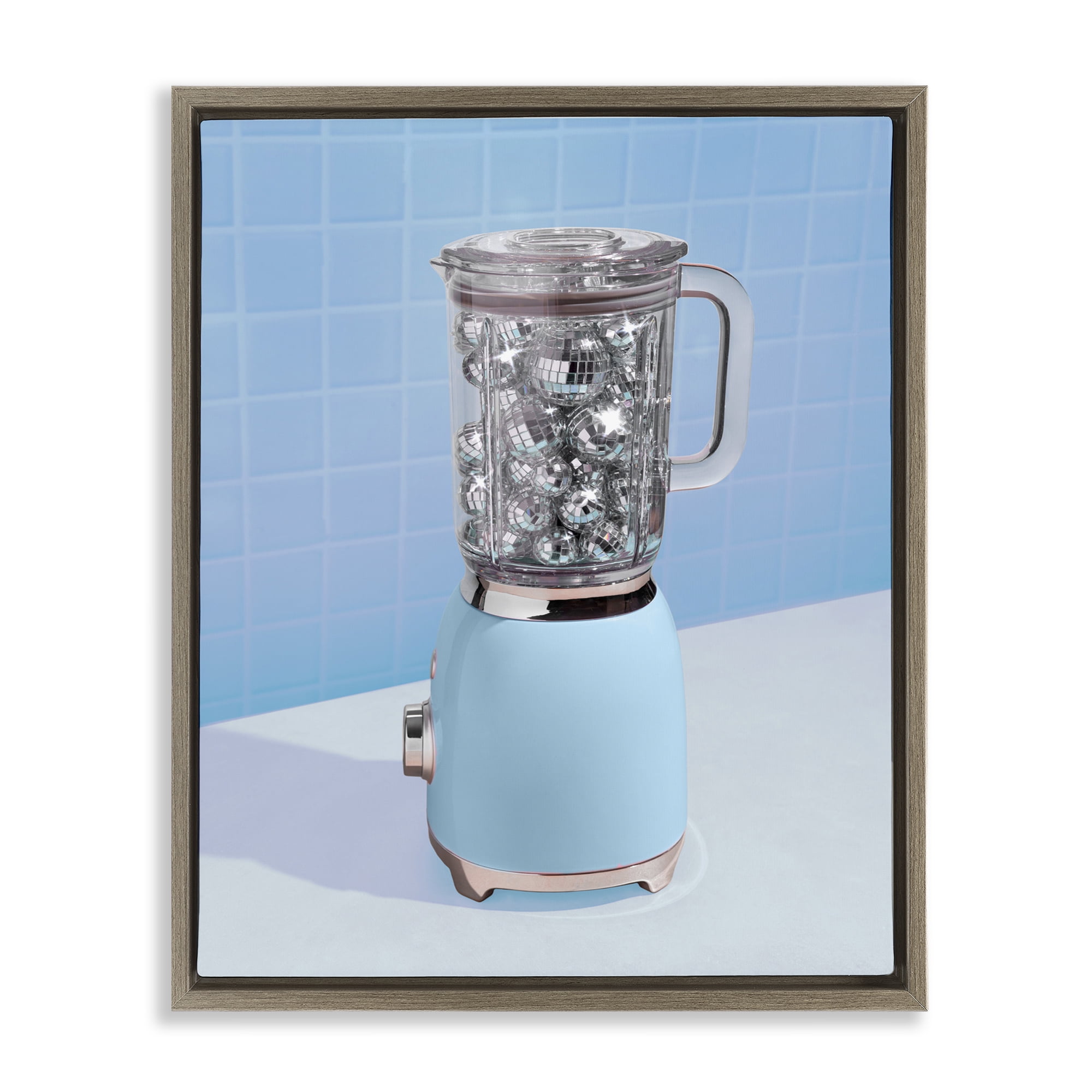 Blue Retro Disco Blender Brown Framed Floater Canvas Wall Art, design by LISH Creative