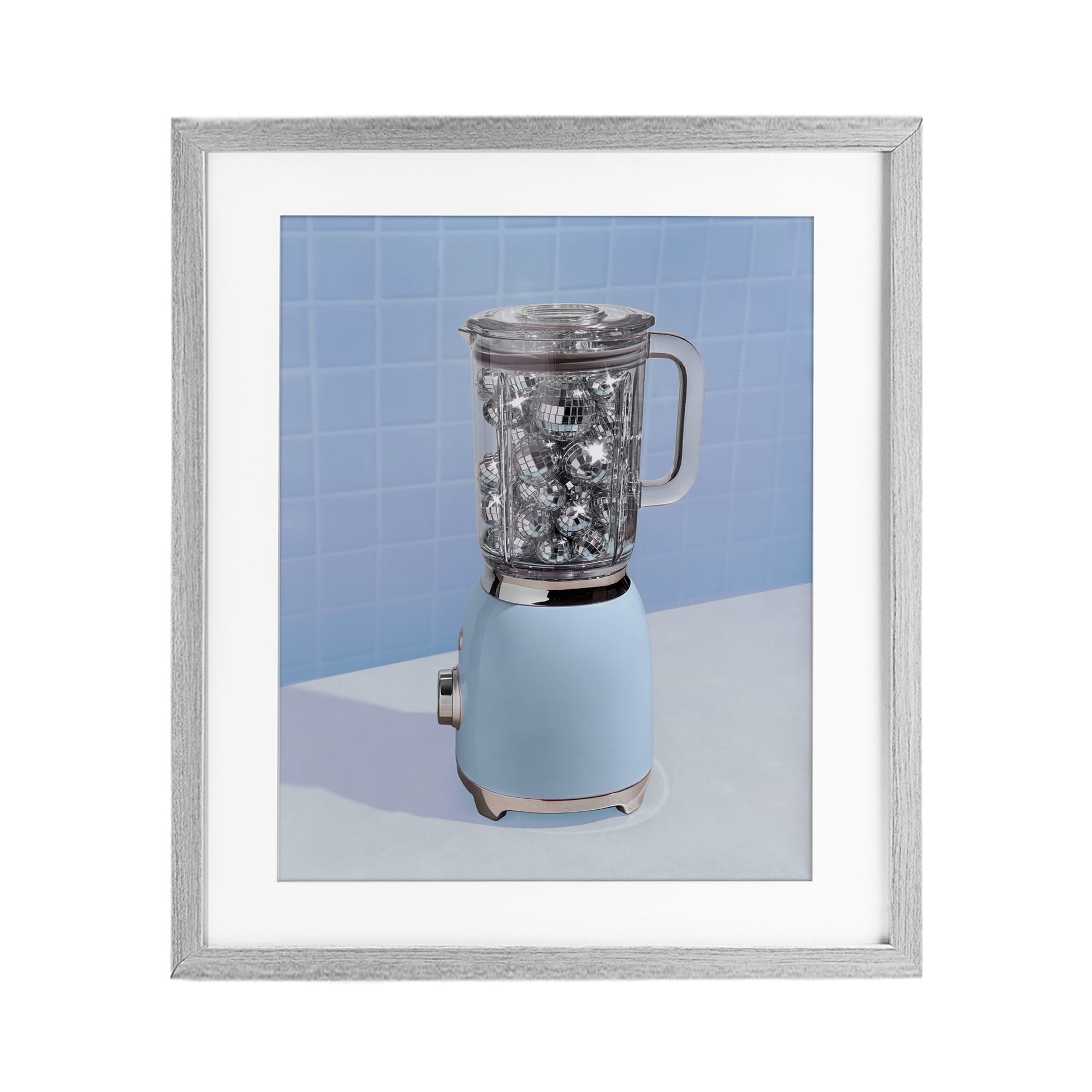 Blue Retro Disco Blender Gray Framed Print Under Glass, design by LISH Creative
