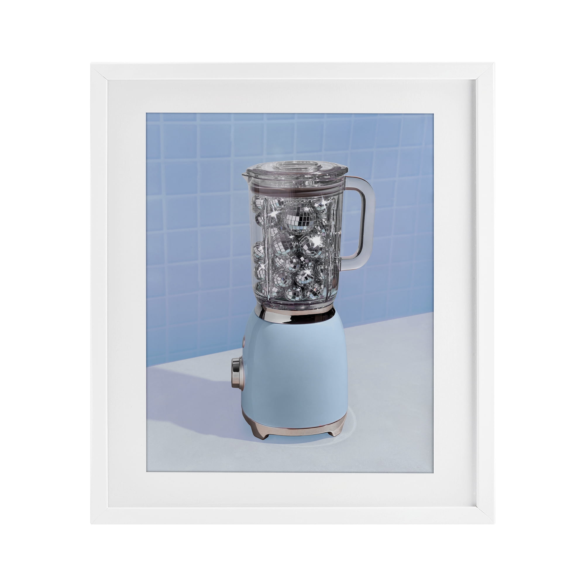 Blue Retro Disco Blender White Framed Print Under Glass, design by LISH Creative