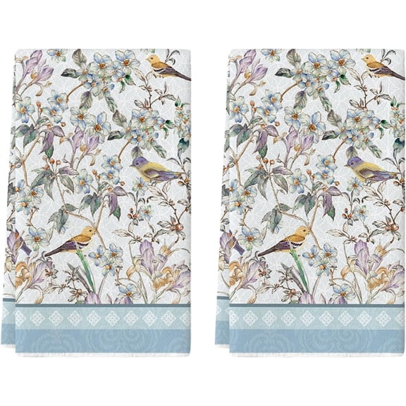 Blue Retro Floral Bird Kitchen Towels Dish Towels, 18x26 Inch Farmhouse Spring Decoration Cleaning Set of 2
