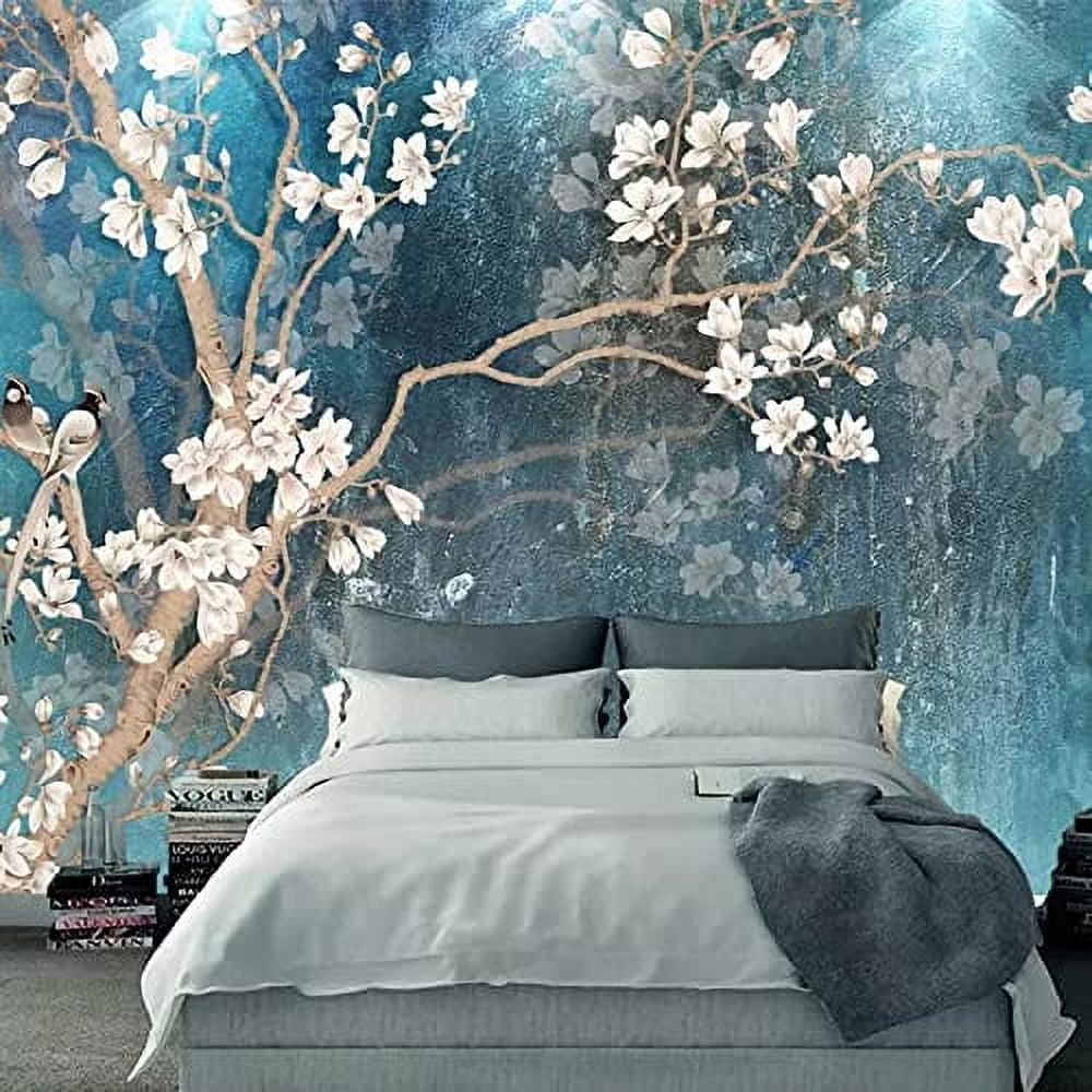 Picture Idea: Blue Retro Hand Painted Wall Mural 3D Flowers Birds Photo