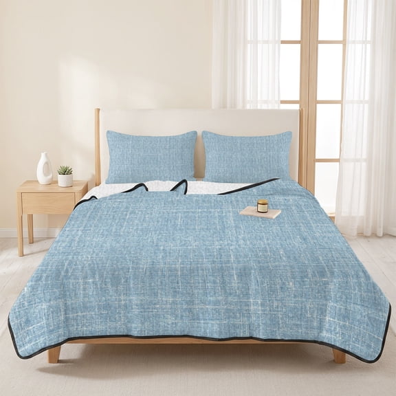 Blue Retro Linen Texture 3 Pieces Quilt Set,1 Quilt with 2 Shams,Rustic Burlap Bedspread Soft Lightweight Bedding Coverlet Comforter Set for All Season 96"x106"