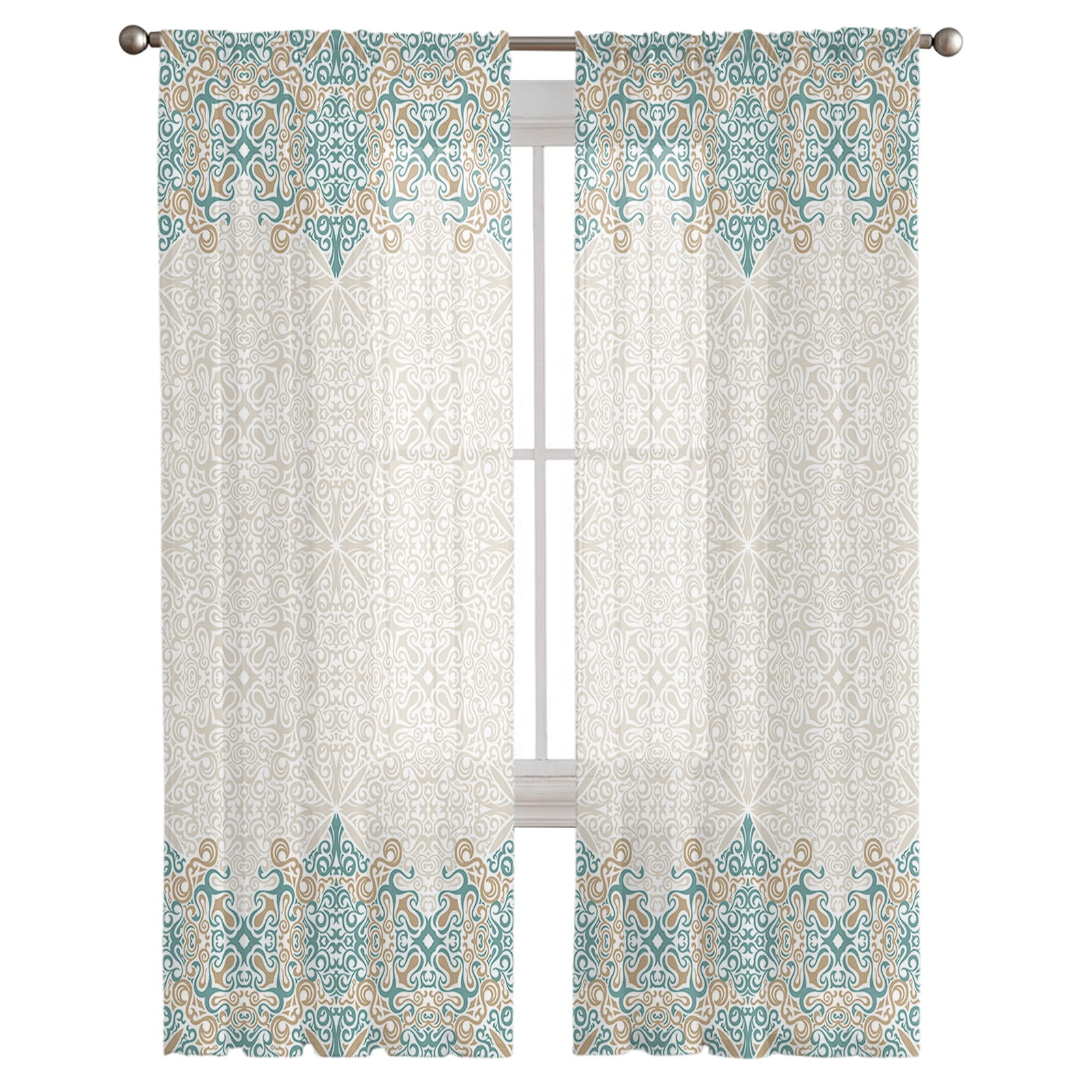 Blue Retro Nation Bohemian Graphics Sheer Tulle Window Curtains for