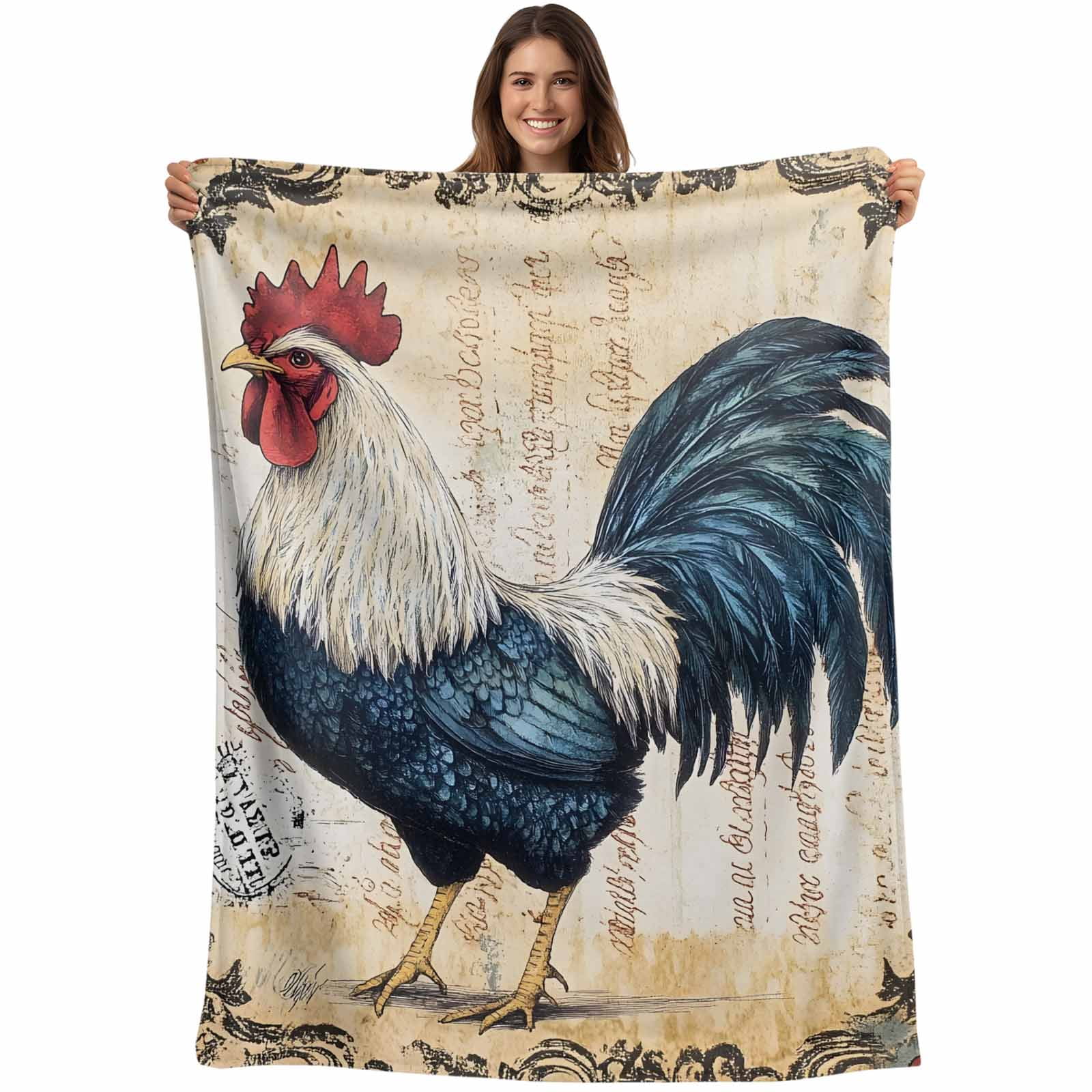 Blue Retro Rooster Blanket Soft Cozy Warm Throw Blanket for Couch ...