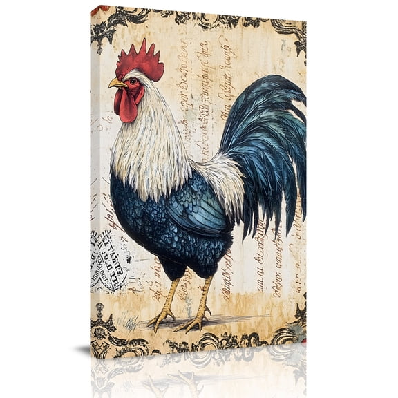 Blue Retro Rooster Canvas Wall Art for Living Room, Farmhouse Pastoral Elegant Animal Chicken Country Poster Print Painting for Bedroom Office Home Decoration Wall Pictures Prepare To Hang 22"x28"