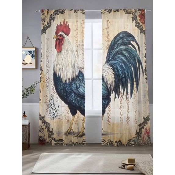 Blue Retro Rooster Sheer Curtains for Living Room Bedroom Pastoral Elegant Animals Sheer Curtains 108 Inch Long 2 Panels Set Light Filtering Curtain Window Treatments Drapes for Dining Room