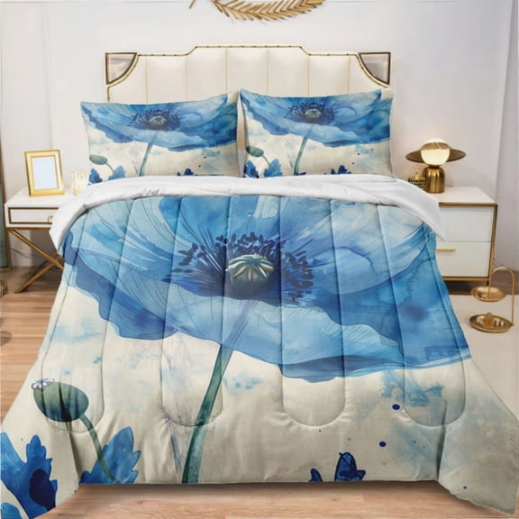 Blue Retro Watercolor Poppy Flower (6) Comforter Set Bedding Set Duvet Set Set 3pcs Twin Size