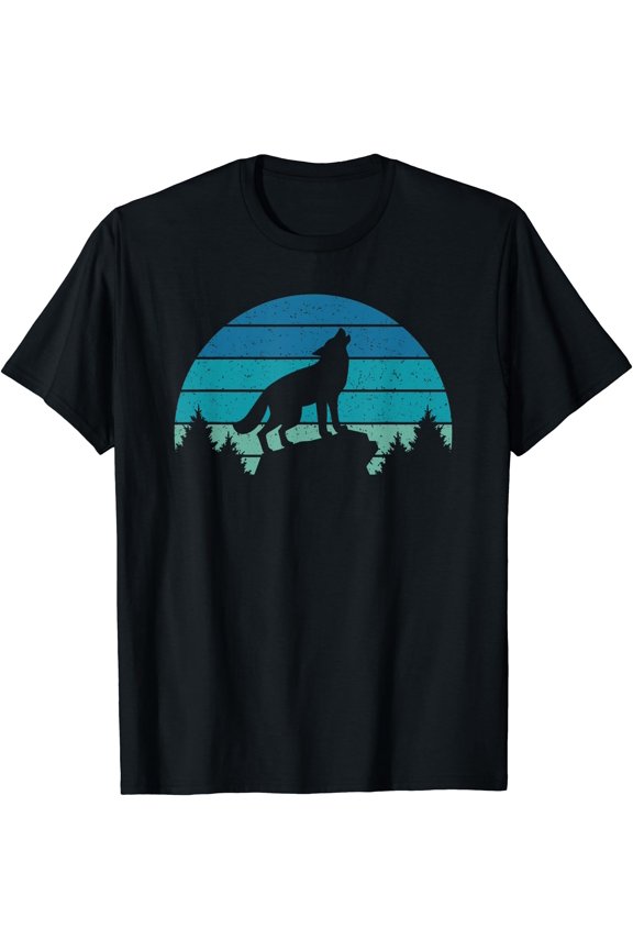 Blue Retro Wolf Forest Print Wild Animal Wilderness Wolves T-Shirt, Unisex T-Shirt