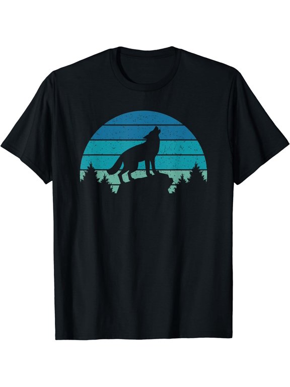 Blue Retro Wolf Forest Print Wild Animal Wilderness Wolves T-Shirt