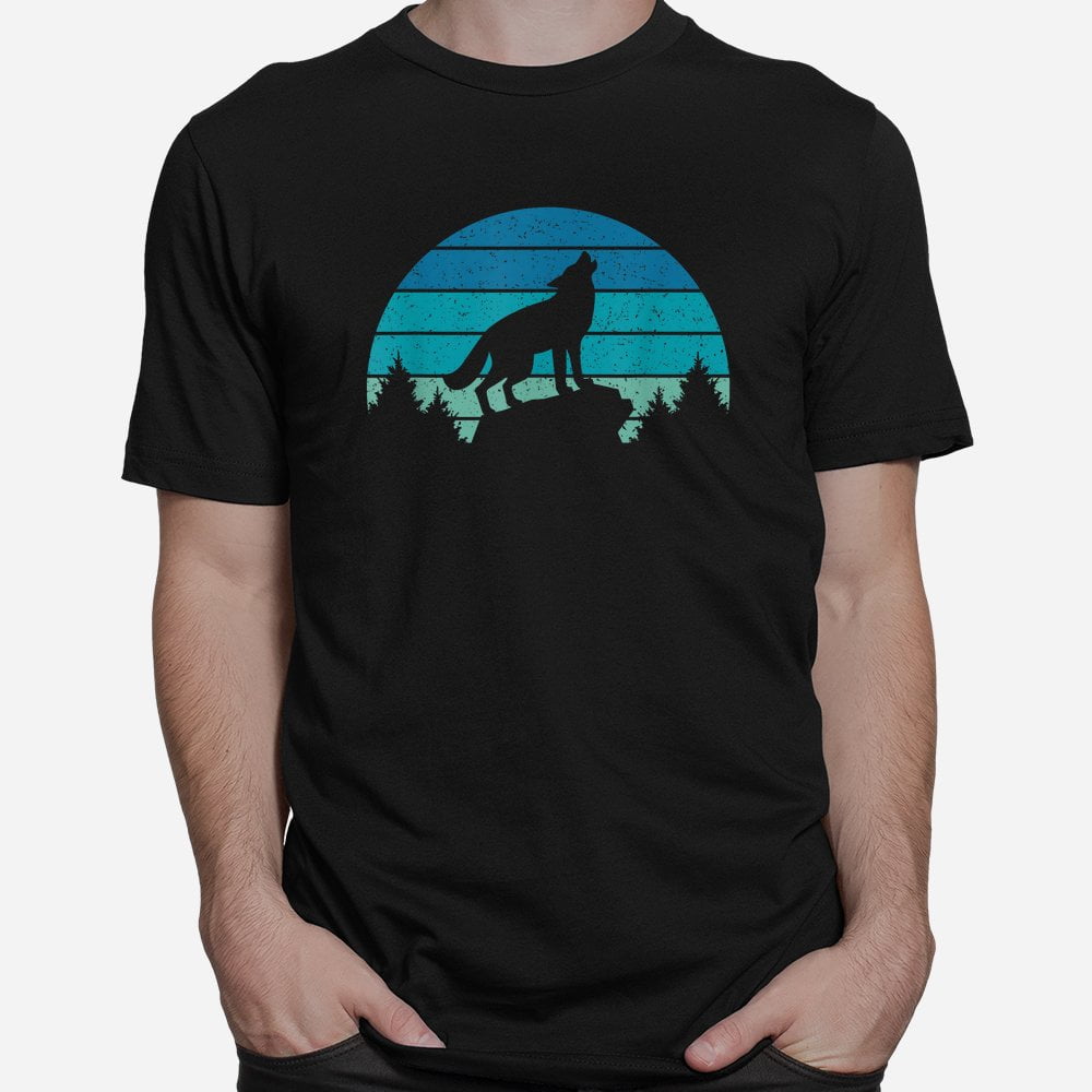 Blue Retro Wolf Forest Print Wild Animal Wilderness Wolves Tshirt