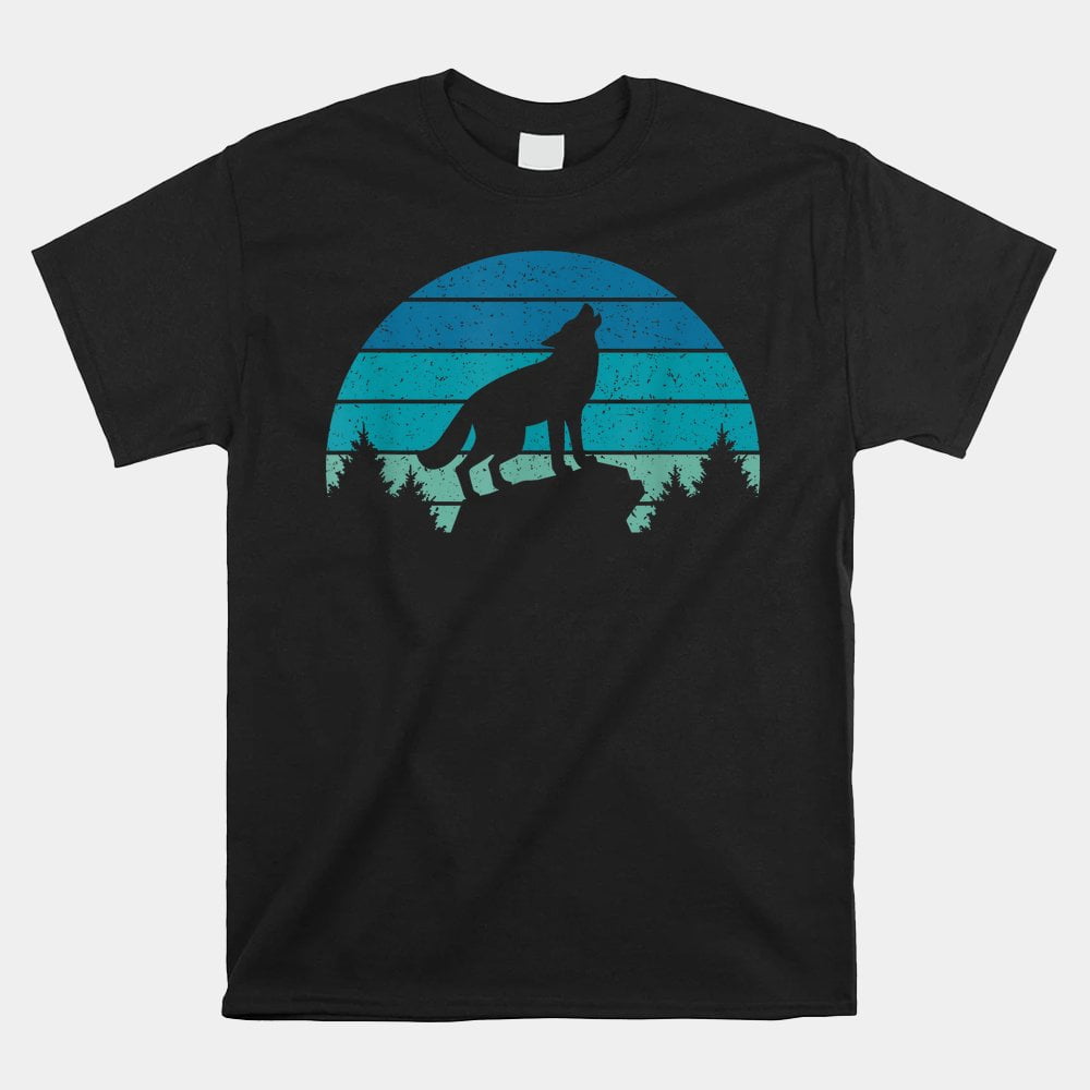 Blue Retro Wolf Forest Print Wild Animal Wilderness Wolves Tshirt