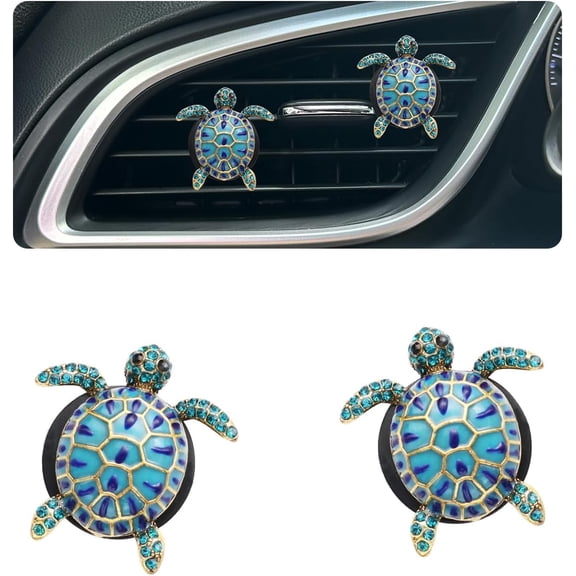 Blue Rhinestone Sea Turtle Car Vent Clip Air Freshener 2-Pack, Refillable Scented Clip for Car Interior Decoration, Gift for Women