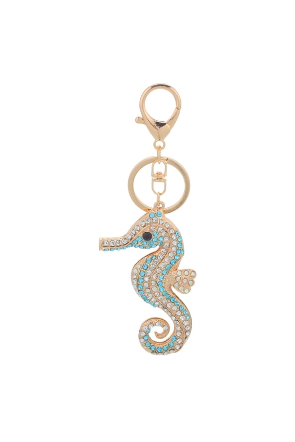 Blue Rhinestone Seahorse Keychain Alloy Bling Purse Charm Beach Bag Accessory for Ocean Lovers