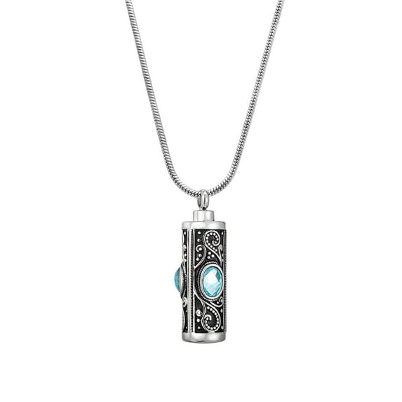 Blue Rhinestone Stainless Steel Cylinder Cremation Urn Necklace for Ashes Keepsake Stainless Steel Memorial Pendant with Free Funnel Kit and Velvet Jewelry Box