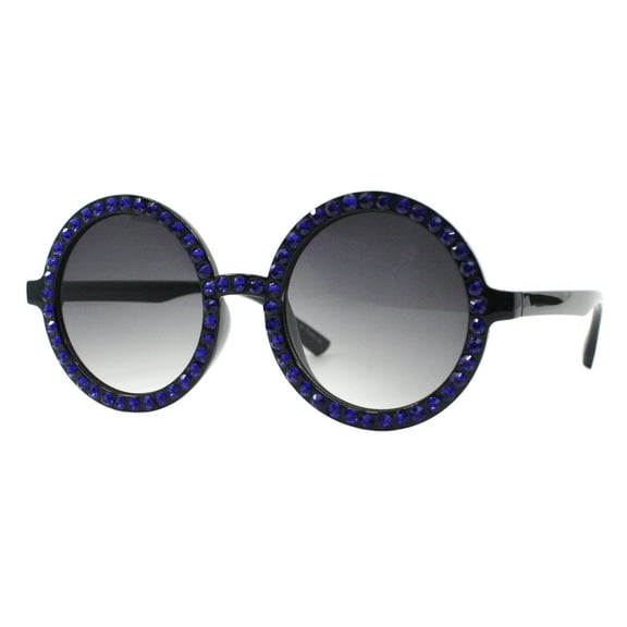 Blue Rhinestone Sunglasses Womens Round Circle Black Frame UV 400