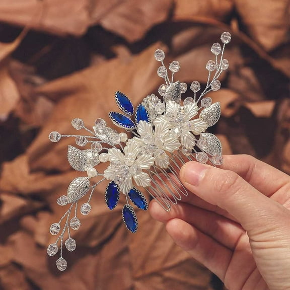 Blue Rhinestone Wedding Hair Comb Silver Flower Bridal Hair Pieces Leaf Wedding Headpiece Hair Dress Crystal Bridal Hair Accessories for Women and Girls