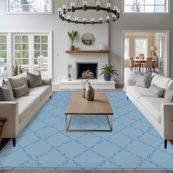 Blue Rhombus 8x10 Area Rug for Living Room Sectional Sofa, Modern Blue Plaid Abstract Geometric Diamond Lattice Washable Non Slip Large Rectangle Area Rug