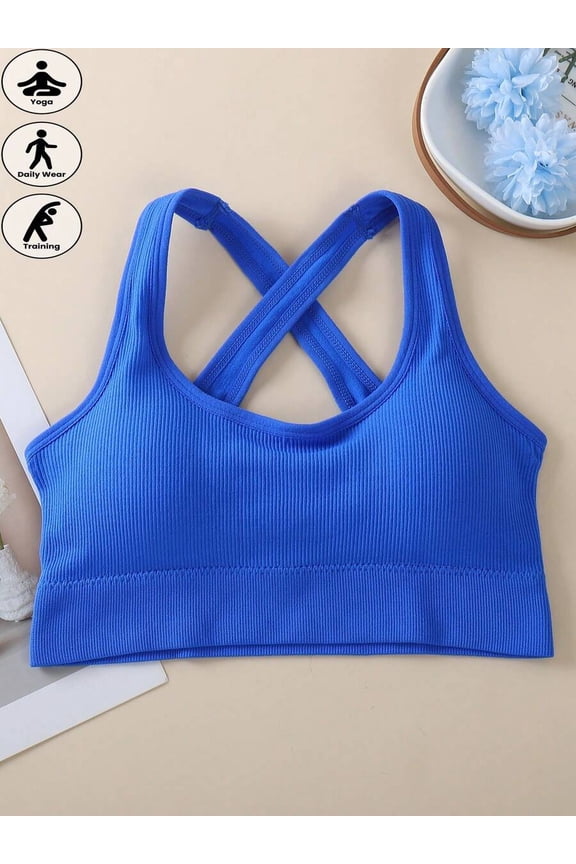 Blue Ribbed Crisscross Back Sports Bra For Yoga Training Daily Wear