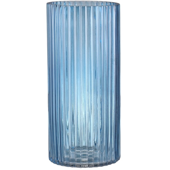 Blue Ribbed Glass Vase - 10 Inch Tall Cylinder Vase for Fresh Flowers, Home Centerpieces, Wedding & Office Decor