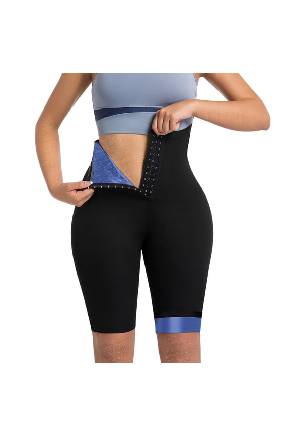 Blue Ribbed High Waisted Sauna Sweat Shorts Women Compression Workout