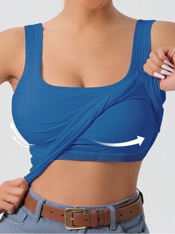Blue Ribbed Knit Crop Tank Top With Built-In Bra, U-Neck, Slim Fit