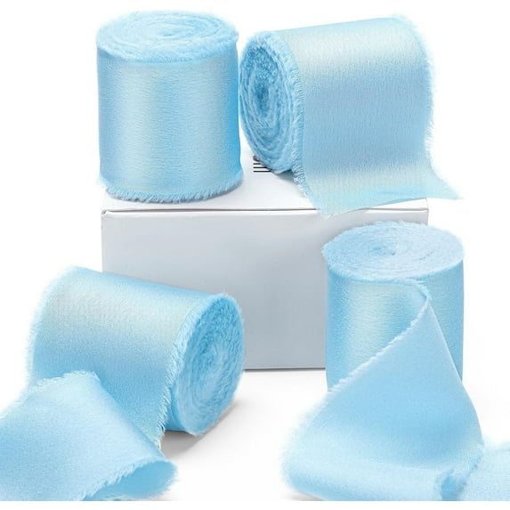 Blue Ribbon 4 Rolls 1.5" x 20 Yard Chiffon Ribbon Handmade Frayed Light Baby Blue Silk Satin Ribbons for Baby Bridal Showers Flower Bouquet Gift Wrapping Party Christmas Decorations