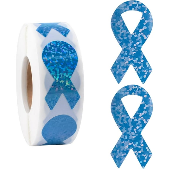 Blue Ribbon Awareness Sticker, 500 PCS Ribbon-Shaped Stickers Circular Dot Flashing Film for Colon Cancer Prostate Cancer Awareness